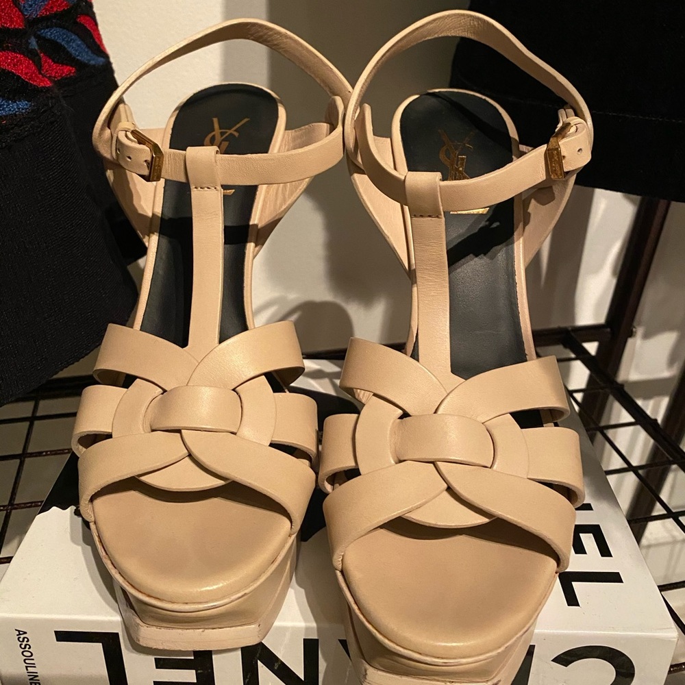 YSL BEIGE CREAM HIGH HEELS SANDALS US8.5
